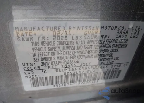 2016 Nissan Sentra Sr z USA, uszkodzony, nr VIN 3N1AB7AP9GY238385